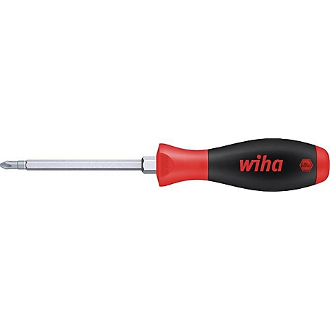Een schroevendraaier met een rode en zwarte handgreep, zilveren punt, Wiha logo.