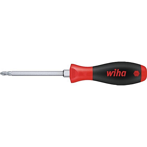 Een schroevendraaier met een rode en zwarte handgreep. De schroevendraaier heeft een zilveren uiteinde en is gemarkeerd met "wiha".