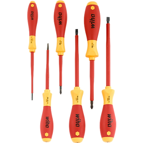 An arrangement of six red and yellow screwdrivers, with the name "wiha".