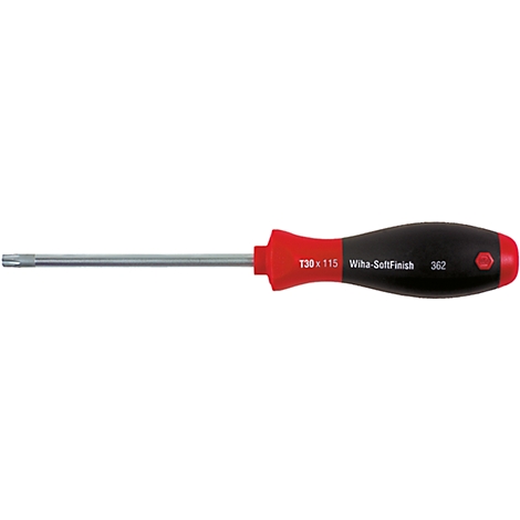 A screwdriver with a red and black handle. The handle is labeled with "T30 x 115 Wiha-SoftFinish 362".