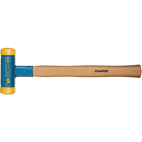 A soft-faced hammer with a blue metal head and yellow striking surfaces, and a wooden handle with the word "Hickory".