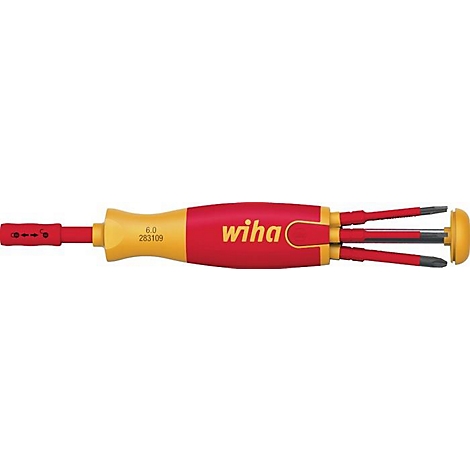 Een rode schroevendraaier met gele elementen, de letters 'Wiha' zijn zichtbaar.