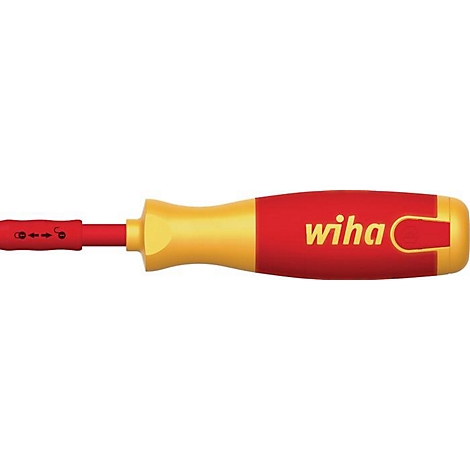 Een rood-gele schroevendraaier met de tekst "wiha".