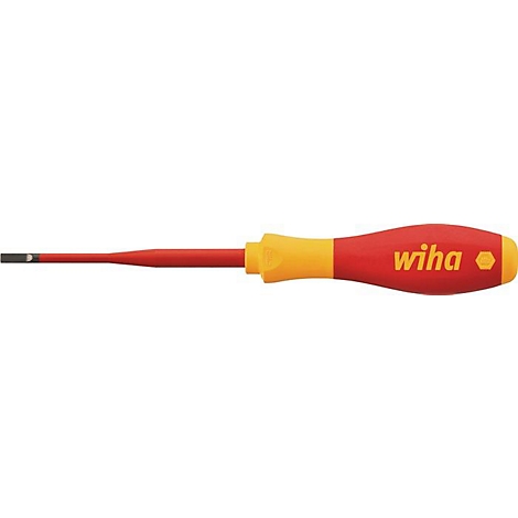 Roter Schraubenzieher mit gelbem Griff. Das Logo 'wiha' ist auf dem Griff abgebildet.