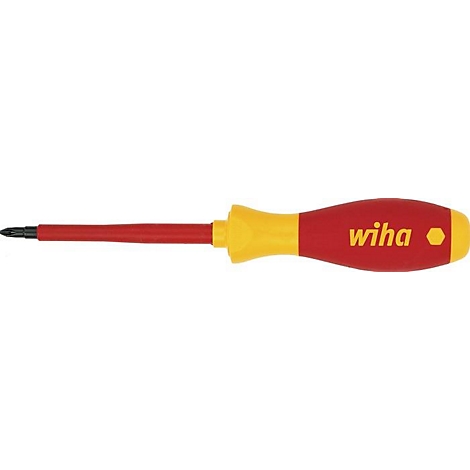 Roter und gelber Wiha Schraubendreher mit schwarzer Spitze. Aufschrift "wiha" auf dem Griff.