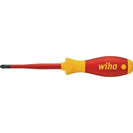 Ein roter Schraubendreher mit gelbem Griff, der Schriftzug "wiha" trägt.