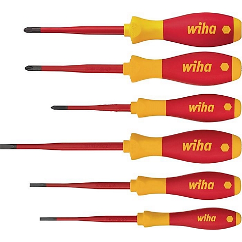 Sechs Schraubendreher mit roten Griffen, gelben Übergängen und dem Markenschriftzug 'wiha'.