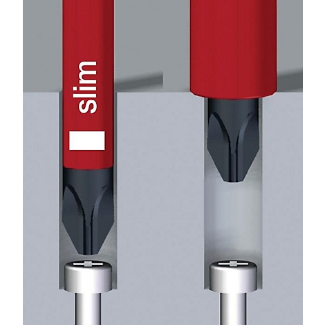 Zwei Schraubendreher, einer mit dem Wort "slim", passen in Schrauben. Der rote Griff der Schraubendreher kontrastiert mit dem grauen Hintergrund.