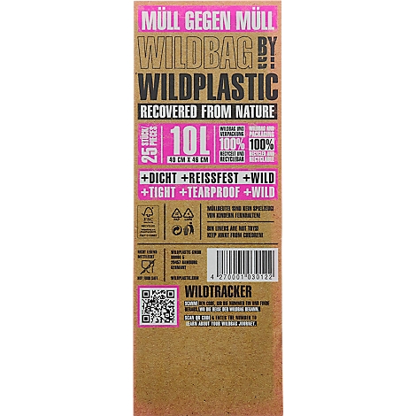 Printed text on brown cardboard with pink and white text: "Müll gegen Müll Wildbag by Wildplastic Recovered from Nature" and other information about the trash bag.