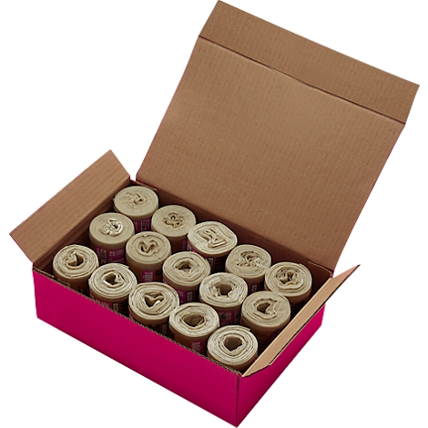 An open box of several rolls of trash bags. The box is pink and brown, the bags are light in color.
