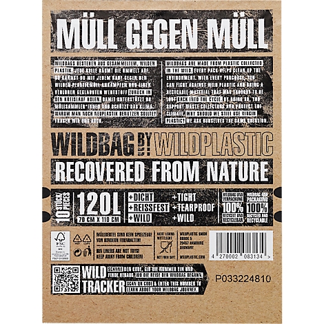 Brown background with text: "Müll gegen Müll", "Wildbag by Wildplastic" and technical data of the garbage bags, including 120L, tight, tearproof, waterproof.