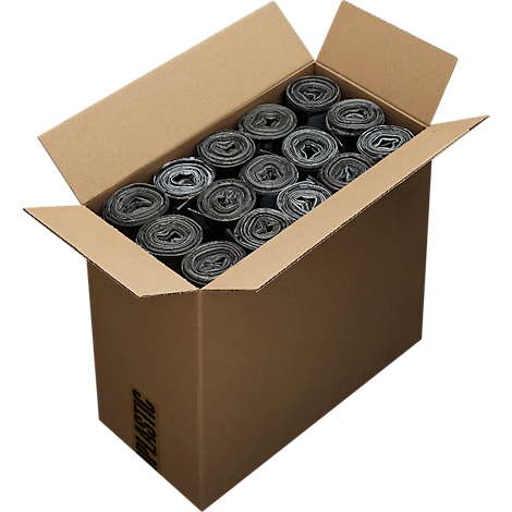 Opened cardboard box filled with rolled garbage bags.