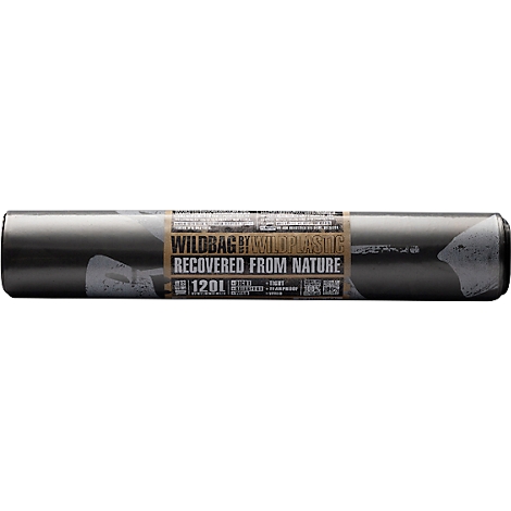 Rolled black garbage bags with the words "WILDBAG" and "RECOVERED FROM NATURE".