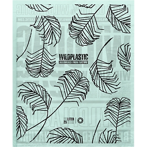 Transparent plastic bag with black leaf pattern. Text: "Wildplastic Recovered from Nature".
