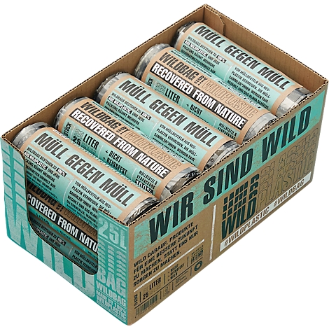 Box of garbage bags. Print: Garbage against garbage, recovered from nature, 25 liters. On the box: We are wild. #wildplastic