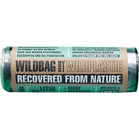 A roll of trash bags with the inscription "WILDBAG BY WILDPLASTIC". Text shows "RECOVERED FROM NATURE".