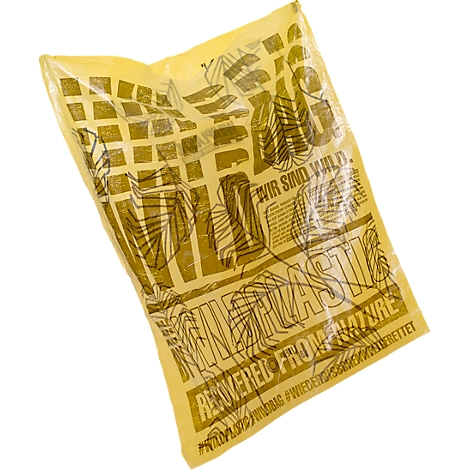 Yellow bag with print, "Wir sind Wild" and "Recovered from nature".