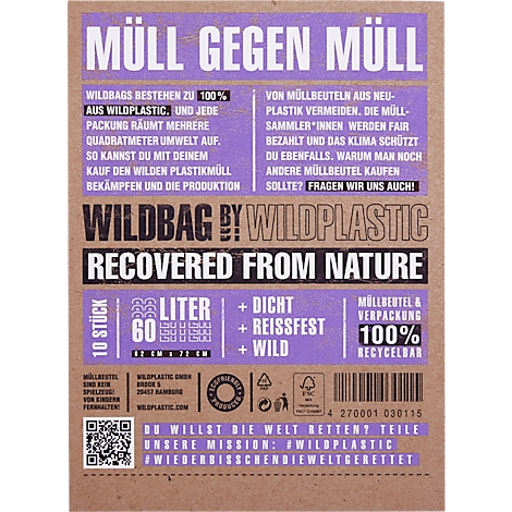 Cardboard box with texts including "Müll gegen Müll", Wildbag and "Recovered from Nature". Details of Wildplastic garbage bags.