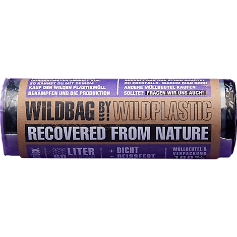 Roll of garbage bags, purple lettering, 'WILDBAG by WILDPLASTIC - RECOVERED FROM NATURE'.