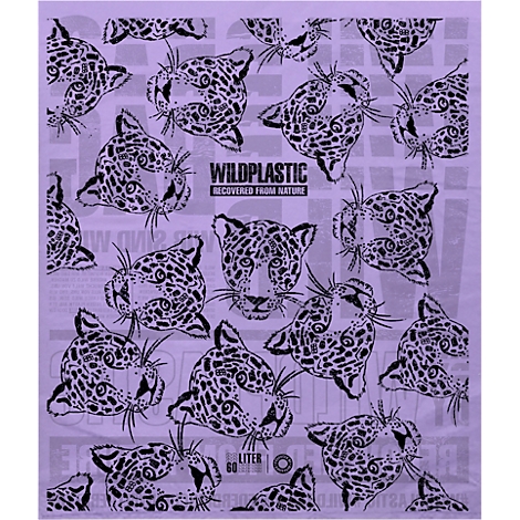 Purple background with leopard head pattern and the text 'WILDPLASTIC RECOVERED FROM NATURE'.
