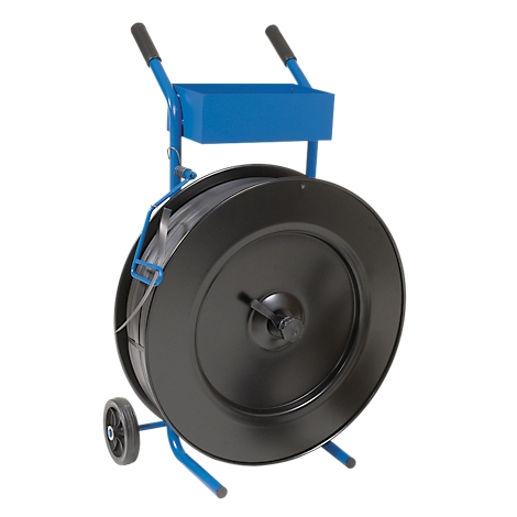 Blue strapping with cart, black spool. One wheel, handles, basket.