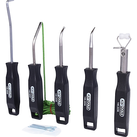 Werkzeugset mit verschiedenen Hebelwerkzeugen und Zubehör, alle mit schwarzen Griffen und silbernen Spitzen.