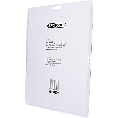 Verpackung von KS TOOLS, weißer Hintergrund, Barcode und Logo.