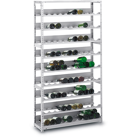 Wine rack filled with bottles of wine. White metal frame with multiple shelves.
