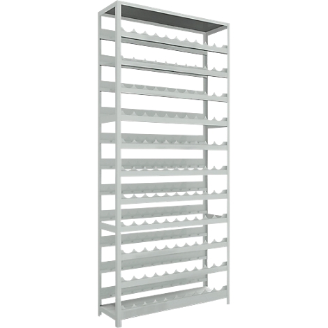 Grey wooden wine rack with wave-shaped cutouts for bottles.