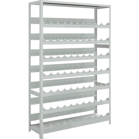 Grey wine rack with multiple horizontal shelves for bottles, made of metal, freestanding.