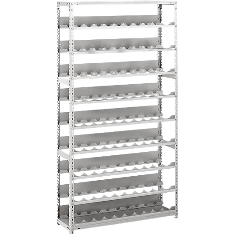 Grey wine rack with multiple shelves. The shelves are shaped for bottles.