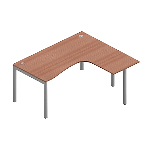 Ein L-förmiger Schreibtisch mit brauner Holzplatte und grauen Metallbeinen steht auf weissem Hintergrund.