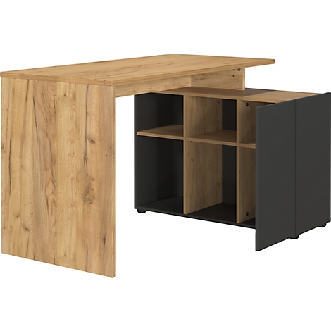 Eckschreibtisch aus Holz mit schwarzem Stauraum und Regalen.