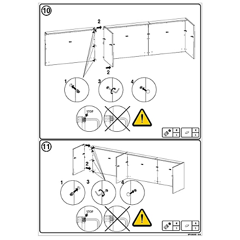 Montageanleitung Schritt 10 und 11: Verbindung von Möbelplatten mit Schrauben und Warnhinweis für korrekte Ausrichtung.
