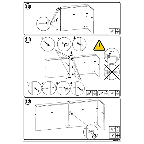 Montageanleitung in drei Schritten mit Skizzen für die Verbindung von Möbelplatten und Verwendung von Schrauben.