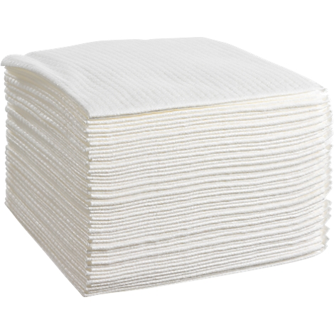 A stack of white napkins, folded and stacked. The surface has a fine texture.