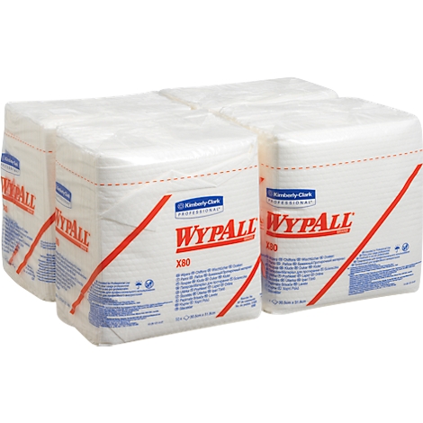Four packages of white cleaning wipes, wrapped in film. Printing: WypAll, X80.