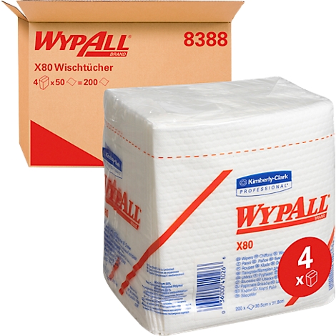 Two packages of wipes: a cardboard box with the word "WYPALL", next to it a square package with "WYPALL" and "X80" printed on it.