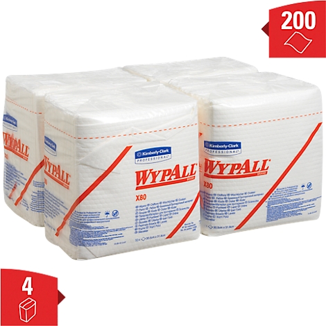 Package of four Wypall cloths. Print with brand name and product information. On a red banner the quantity 200 and the package size 4.