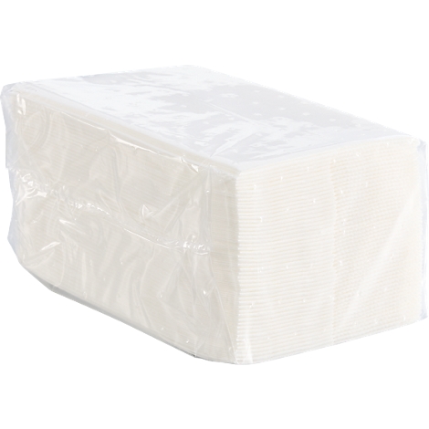 Een verpakte bundel papieren tissues in heldere plasticfolie.