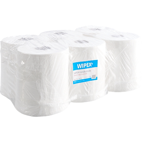 Verpakte papieren handdoeken; het Wip-Ex logo is zichtbaar.