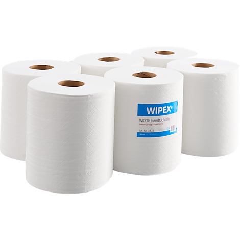 Zes witte papieren rollen, sommige met 'WIPEX' bedrukt op een blauw etiket.