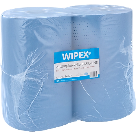 Zwei hellblaue Putzpapierrollen in transparenter Folie verpackt, mit Wipex-Etikett.