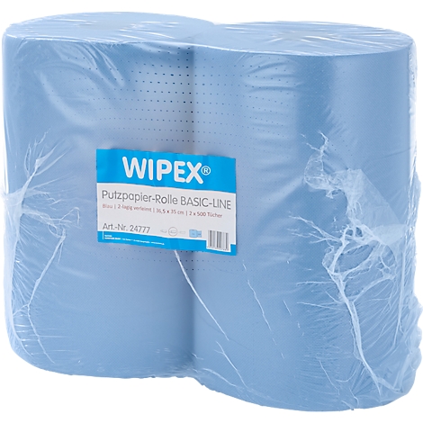 Zwei blaue Wiplex Putzpapierrollen in transparenter Folie verpackt.