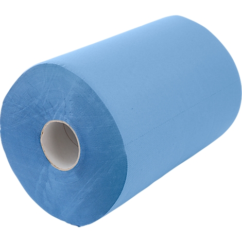 Eine große, hellblaue Papierrolle aus Vliesstoff auf einem weißen Pappkern.