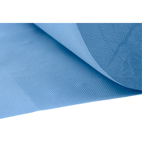 Nahaufnahme eines hellblauen, textilähnlichen Vliesstoffes mit einer leicht angerauten Oberflächenstruktur.