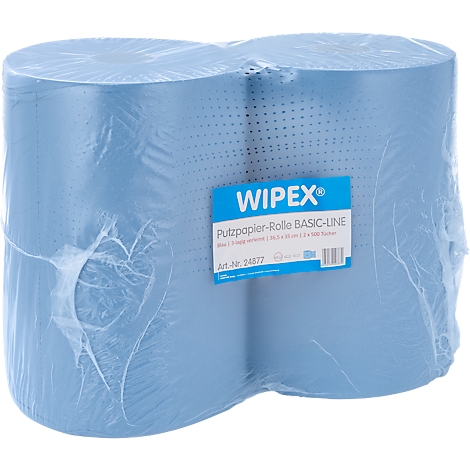 Zwei blaue Wiplex Putzpapier-Rollen in transparenter Kunststoffverpackung mit Produktetikett.