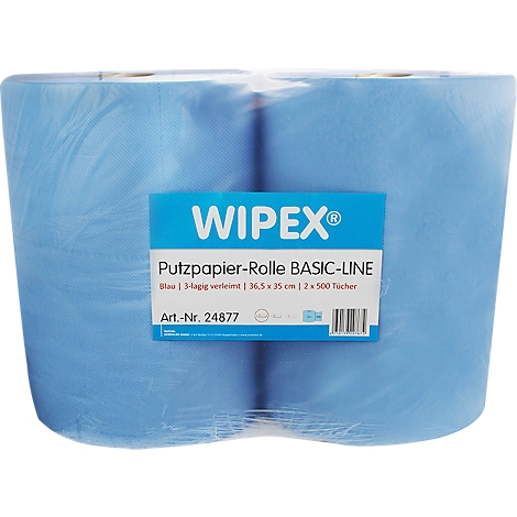 Blaues Putzpapier in Folie verpackt. Aufgedruckt: WIPEX, Putzpapier-Rolle BASIC-LINE.