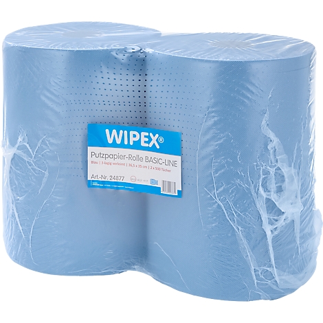 Zwei hellblaue Putzpapierrollen von WIPEX in transparenter Folie verpackt.