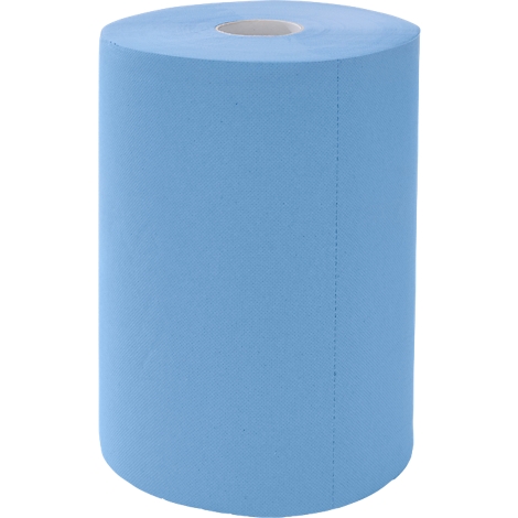 Eine hellblaue Papierrolle vor weißem Hintergrund.